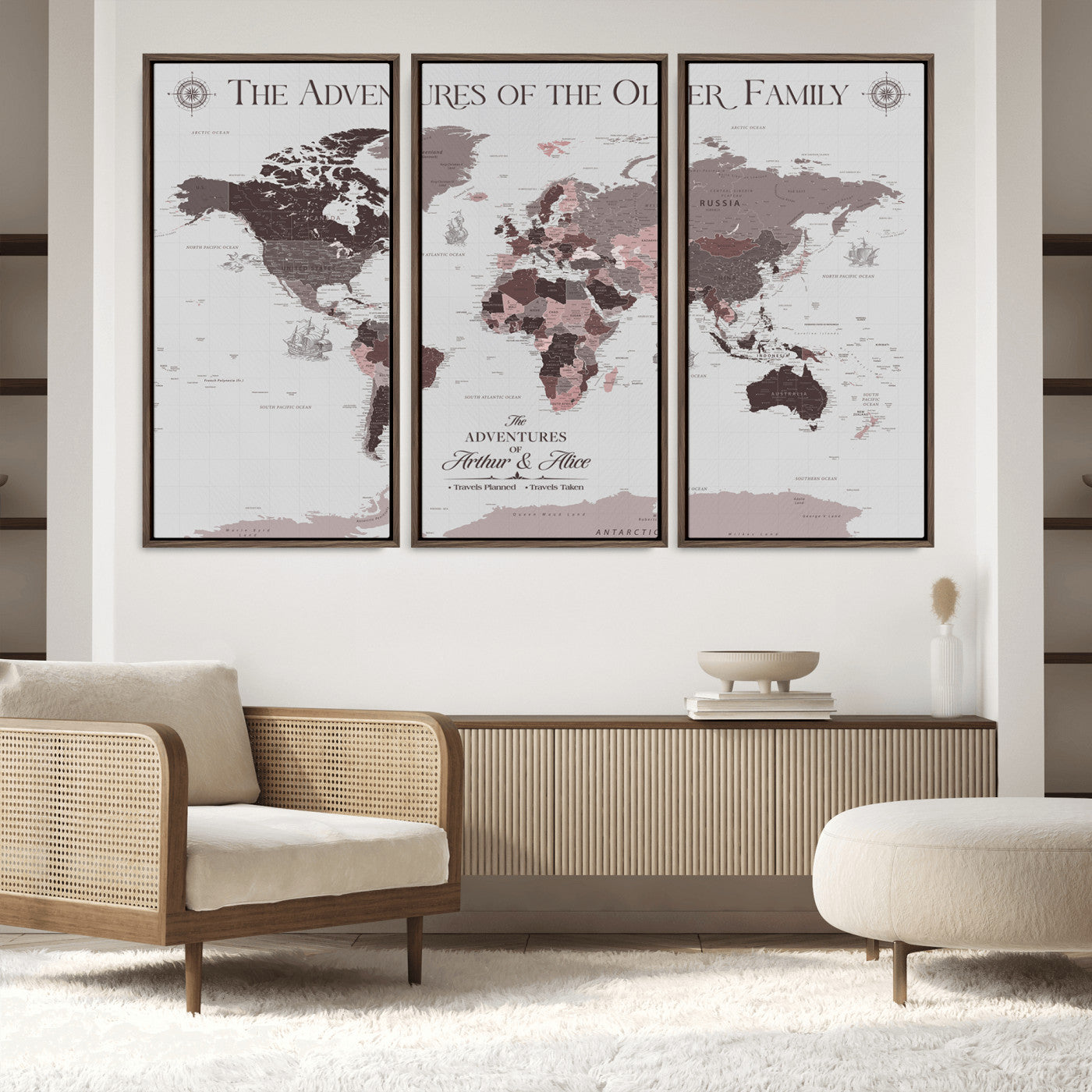 43789856-MGV-FC-48X32-3P_Walnut-Custom Push Pin World Map Wall Canvas Print – Personalized Travel Tracker with Pins – Framed Large Multi-Size Canvas for Home Office Decor - H27