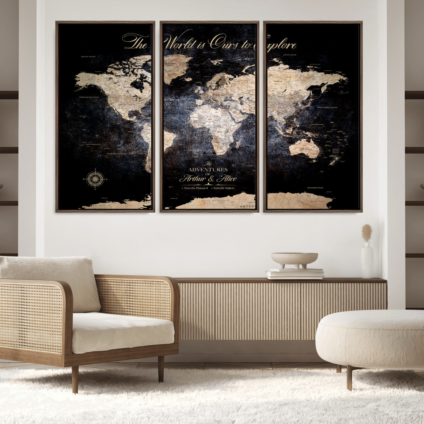 21010471-MGV-FC-60X40-3P_Walnut-Customize Push Pin World Map Wall Canvas Print, Personalized Travel Tracker with Pins, Framed Large Canvas for Home Office Decor - H37