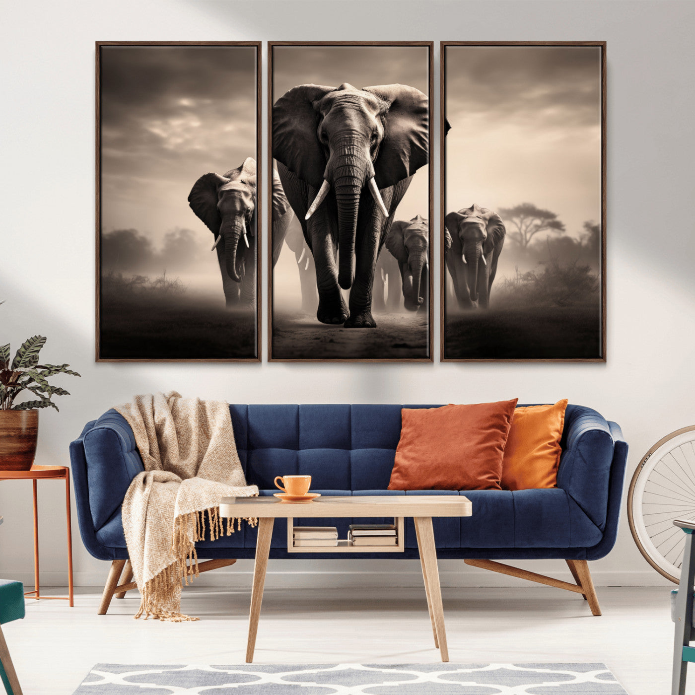 48598F10-MGV-FC-60X40-3P_Walnut-Elephant Family Wall Art Canvas Print, Framed Elephant Wall Art Home Decor