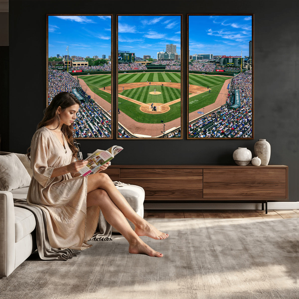 35800083-MGV-CV-36X24 - Wrigley Field Baseball Stadium Canvas Wall Art – Packed Crowd Sports Stadium City Skyline Artwork for Home Office