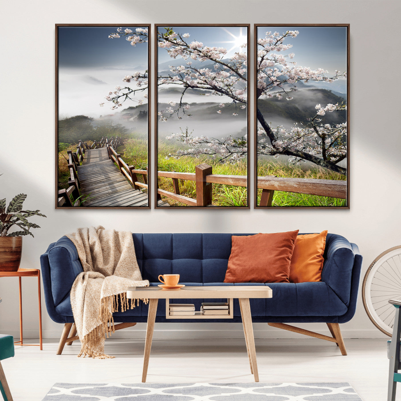34632598CRY-MGV-FC-60X40-3P_Walnut-Sakura Cherry Blossom Pathway Canvas Wall Art – Tranquil Walk Through Blossoming Nature – Ready to Hang