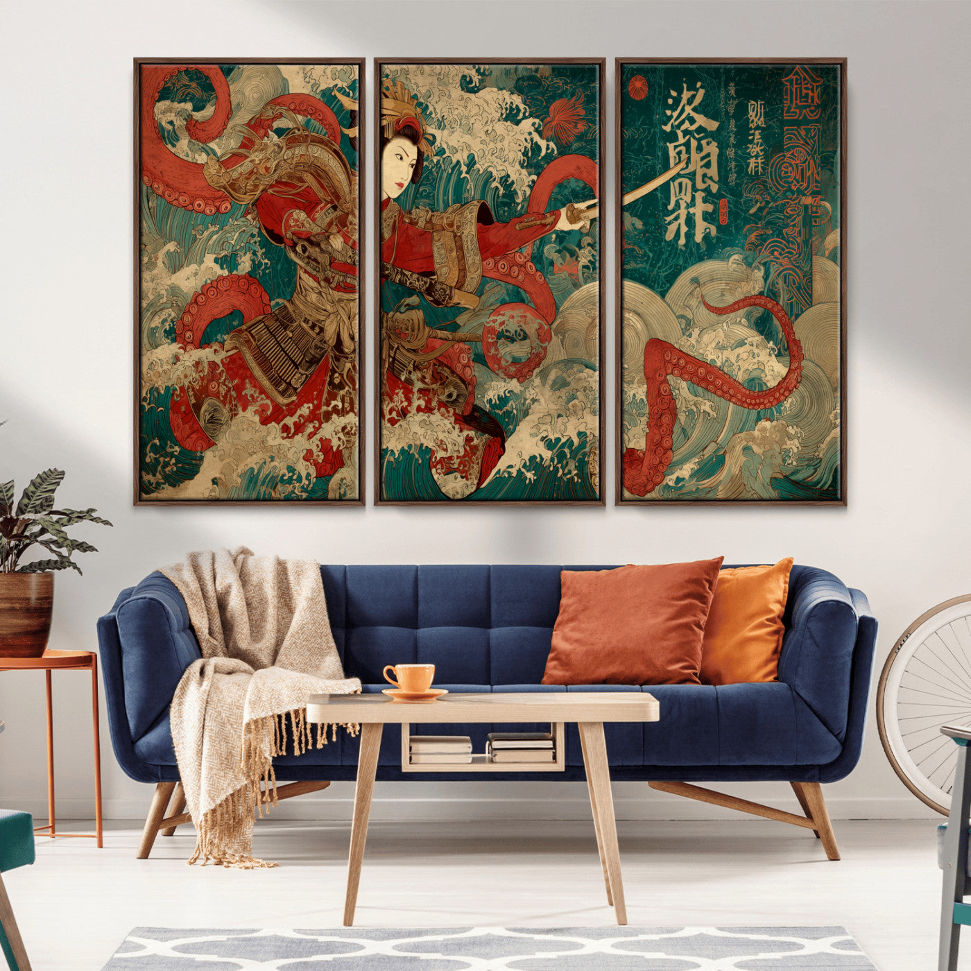 MGV-FC-48X32-3P - Tsukioka Yoshitoshi Samurai Wall Art Print, Japanese Katana Warrior Canvas Wall Art, Octopus Sea Monster Canvas Print,
