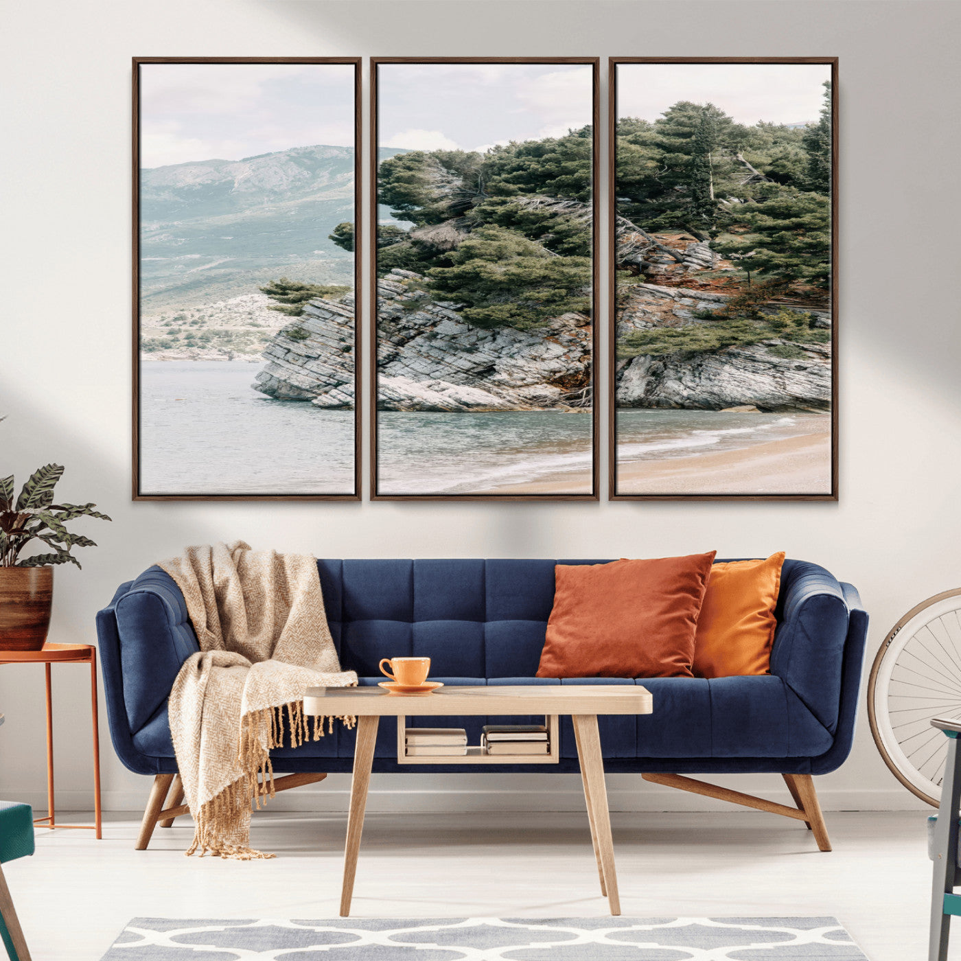 MGV-FC-48X32-3P - Coastal Rock Canvas Wall Art Print, Scenic Beach Landscape, Pine Trees on Rocky Cliff, Large Nature