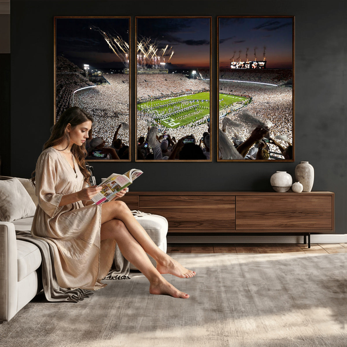 11221988-MGV-CV-36X24 - Epic Night Football Stadium Wall Art Canvas Print, Fireworks and Crowd