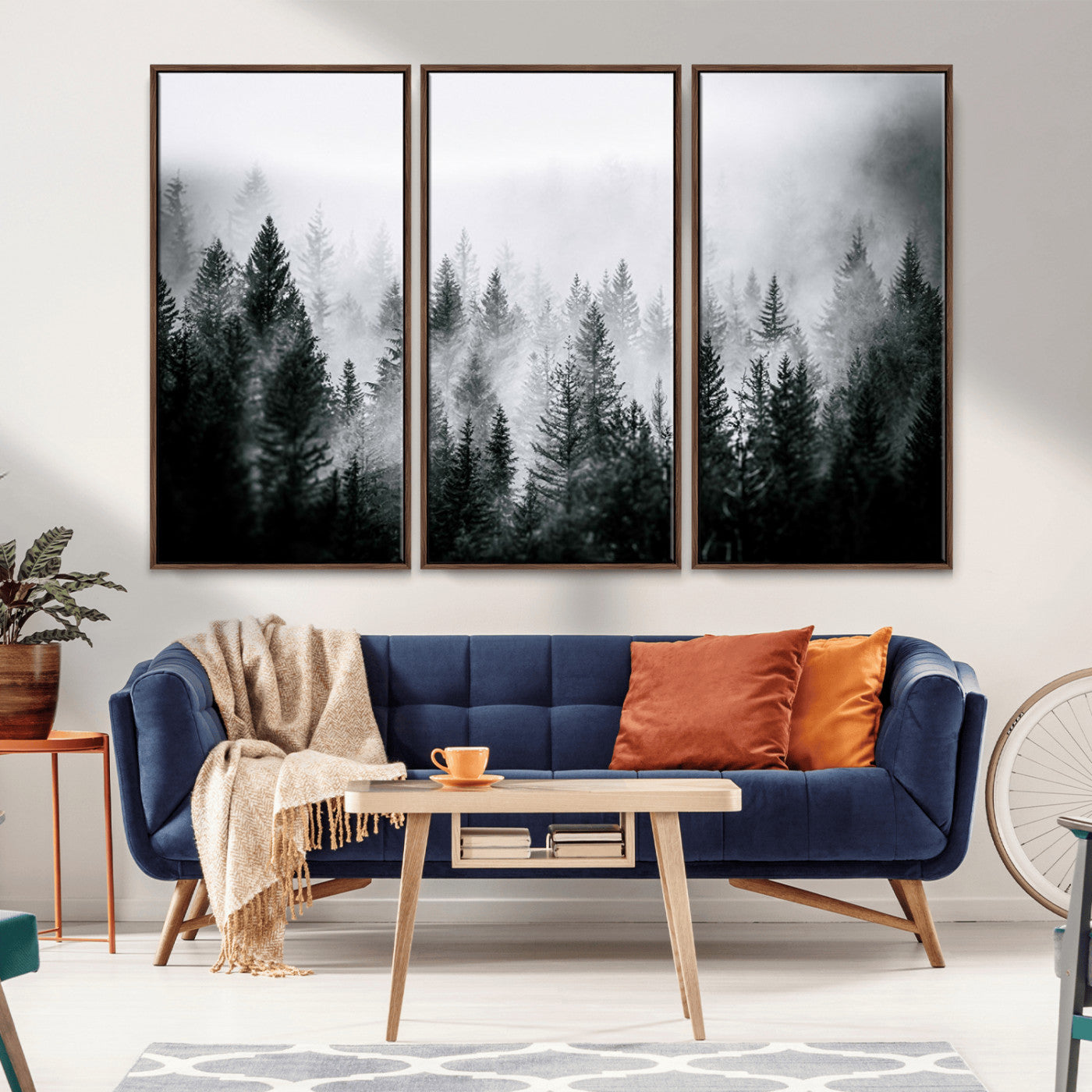 Horizontal black and white canvas wall art of foggy pine forest landscape for modern and rustic home decor