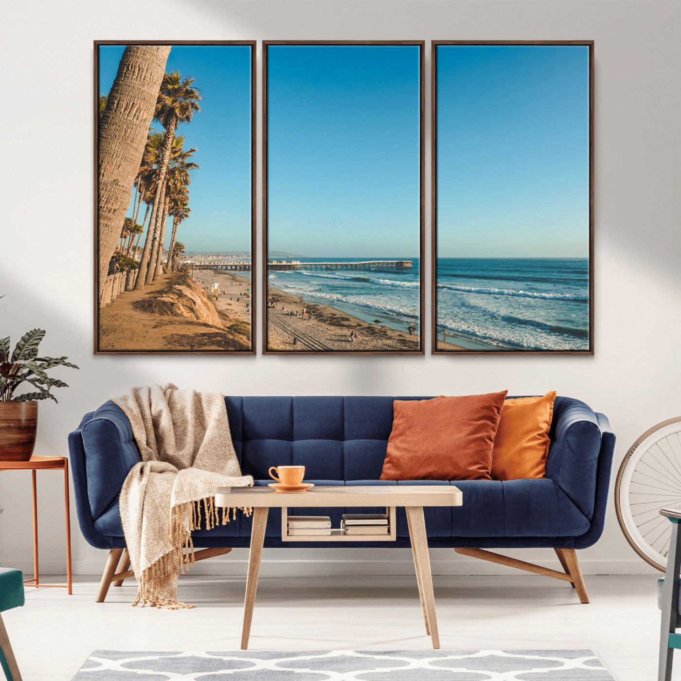 MGV-FC-48X32-3P - Scenic Beach with Tall Palm Trees, Sandy Shore, and Long Pier Stretching into the Calm Ocean Under