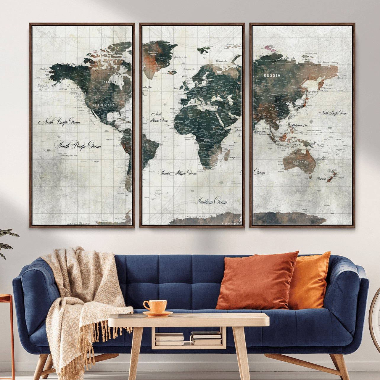 90149079-MGV-FC-48X32-3P - World Map Wall Art Canvas Print, Modern Decorative Framed Map Artwork Prints for Living Room, Office, Bedroom Wall Decor