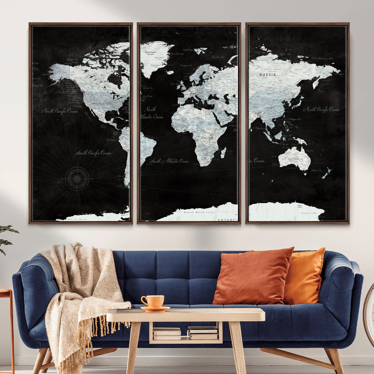 30759283-MGV-FC-48X32-3P - World Map Wall Art Canvas Print, Modern Decorative Framed Map Artwork Prints for Living Room, Office, Bedroom Wall Decor