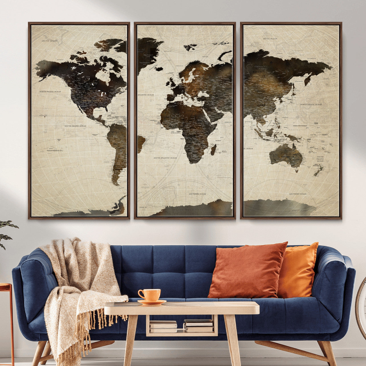 81771296-MGV-FC-48X32-3P - World Map Wall Art Canvas Print, Modern Decorative Framed Map Artwork Prints for Living Room, Office, Bedroom Wall Decor