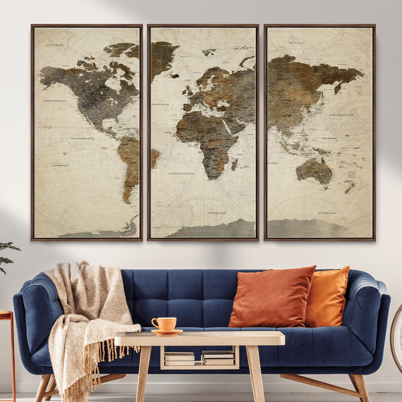 91849163-MGV-FC-48X32-3P - World Map Wall Art Canvas Print, Modern Decorative Framed Map Artwork Prints for Living Room, Office, Bedroom Wall Decor