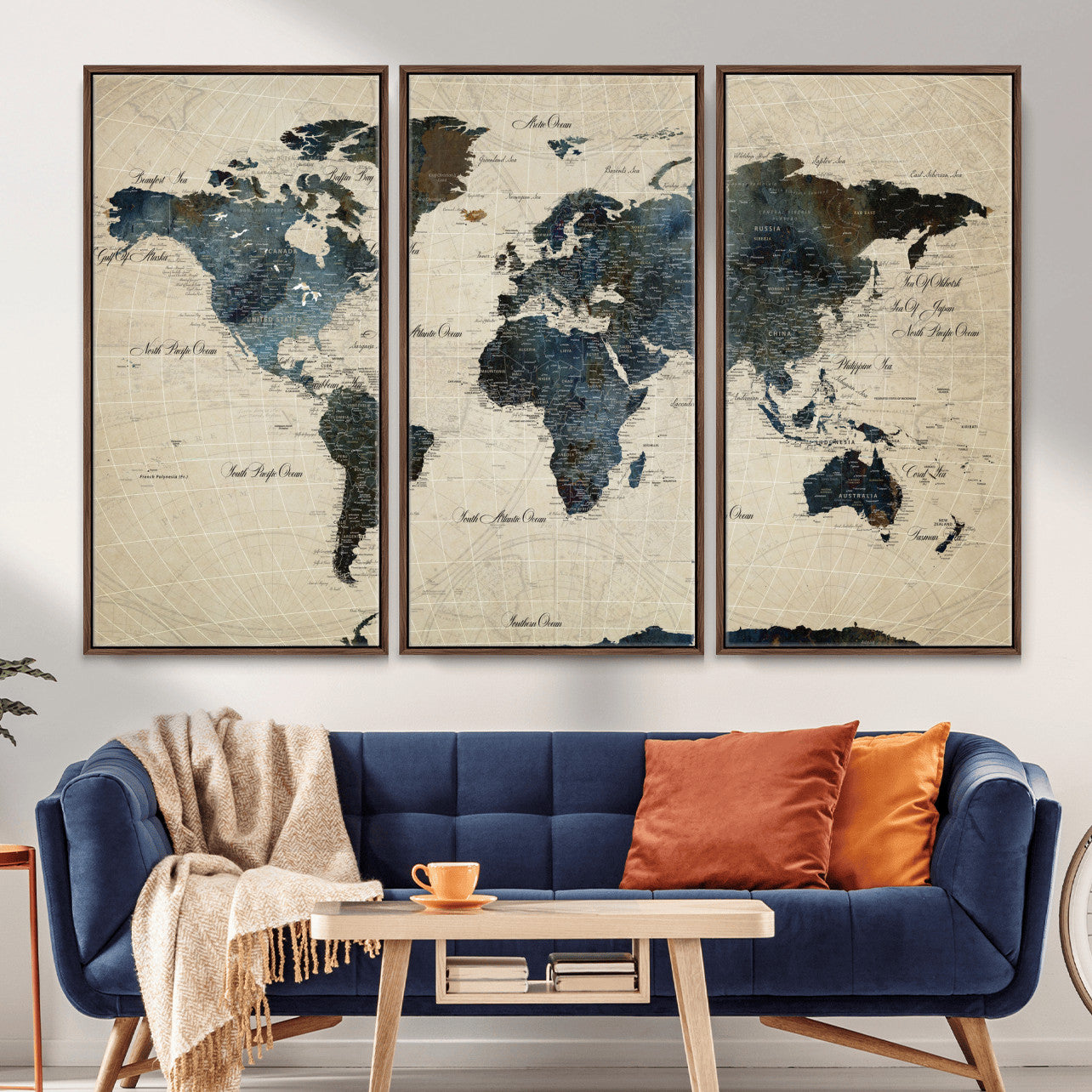 33438443-MGV-FC-48X32-3P - World Map Wall Art Canvas Print, Modern Decorative Framed Map Artwork Prints for Living Room, Office, Bedroom Wall Decor
