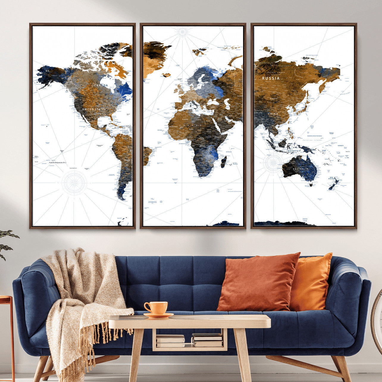 40862517-MGV-FC-48X32-3P - World Map Wall Art Canvas Print, Modern Decorative Framed Map Artwork Prints for Living Room, Office, Bedroom Wall Decor