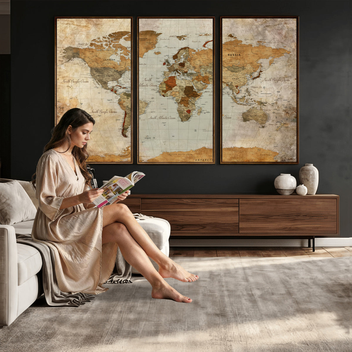 74176056-MGV-CV-36X24 - World Map Wall Art Canvas Print, Modern Decorative Framed Map Artwork Prints for Living Room, Office, Bedroom Wall Decor