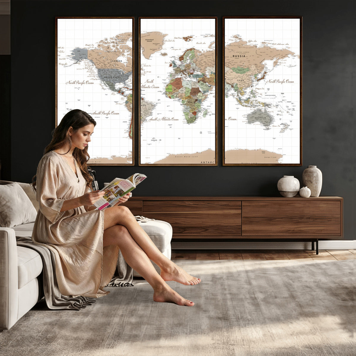 91286788-MGV-CV-36X24 - World Map Wall Art Canvas Print, Modern Decorative Framed Map Artwork Prints for Living Room, Office, Bedroom Wall Decor