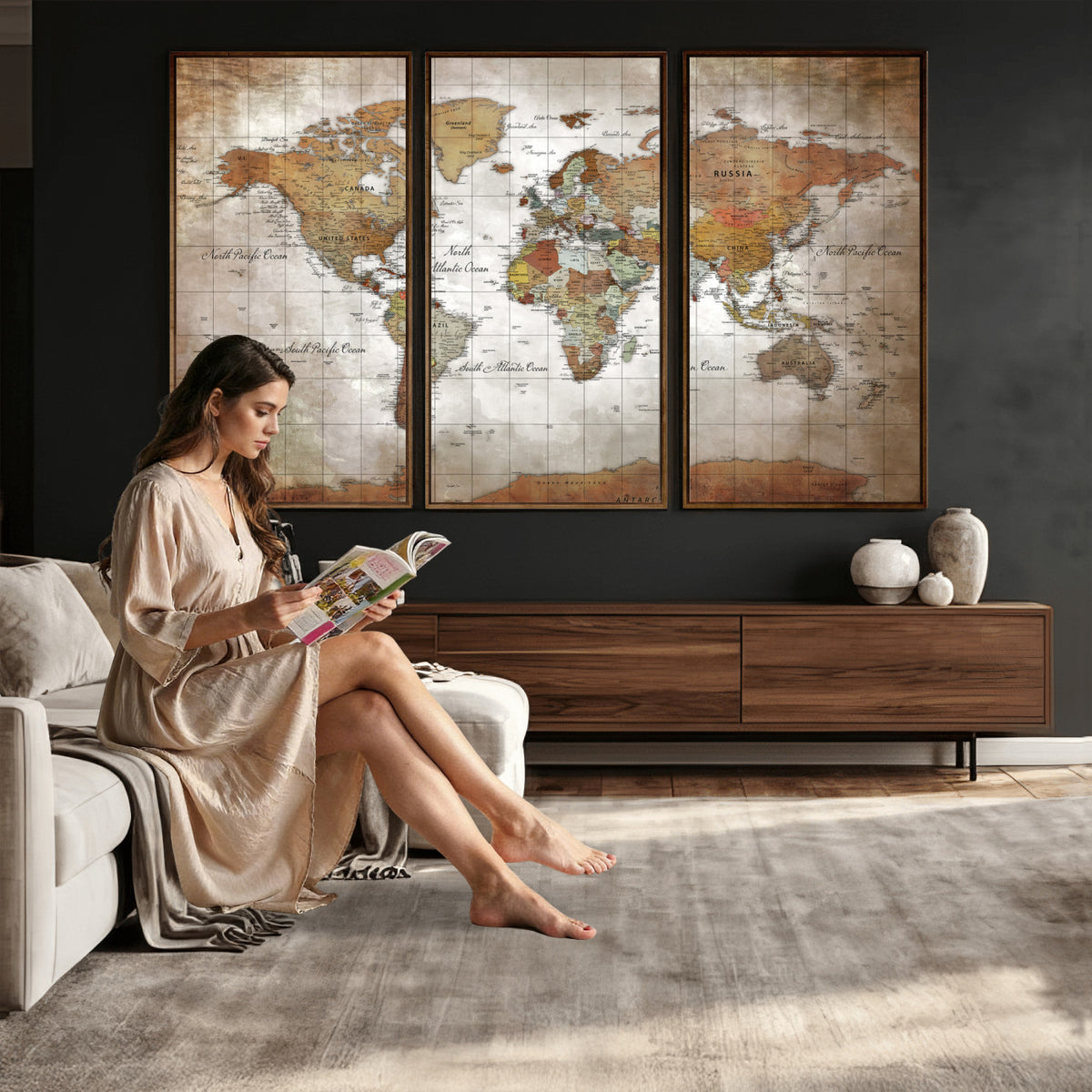51643807-MGV-CV-36X24 - World Map Wall Art Canvas Print, Modern Decorative Framed Map Artwork Prints for Living Room, Office, Bedroom Wall Decor