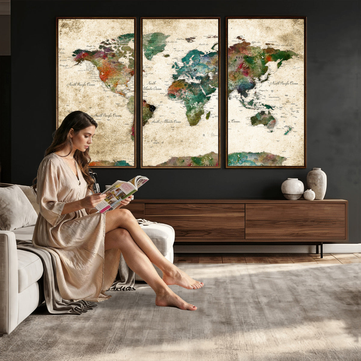 87544591-MGV-CV-36X24 - World Map Wall Art Canvas Print, Modern Decorative Framed Map Artwork Prints for Living Room, Office, Bedroom Wall Decor