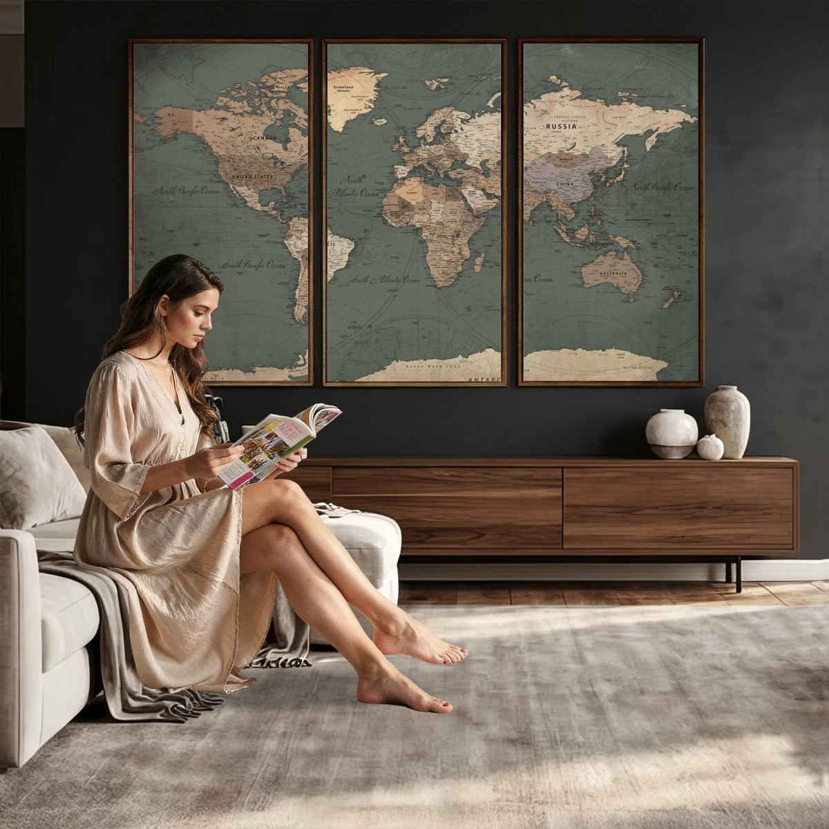 84619399-MGV-CV-36X24 - World Map Wall Art Canvas Print, Modern Decorative Framed Map Artwork Prints for Living Room, Office, Bedroom Wall Decor