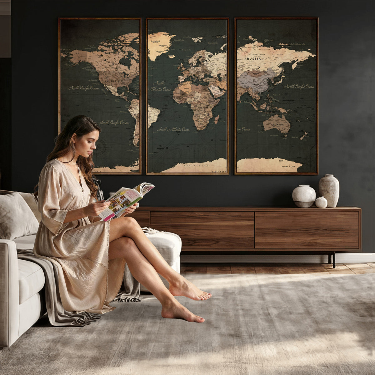 62059333-MGV-CV-36X24 - World Map Wall Art Canvas Print, Modern Decorative Framed Map Artwork Prints for Living Room, Office, Bedroom Wall Decor