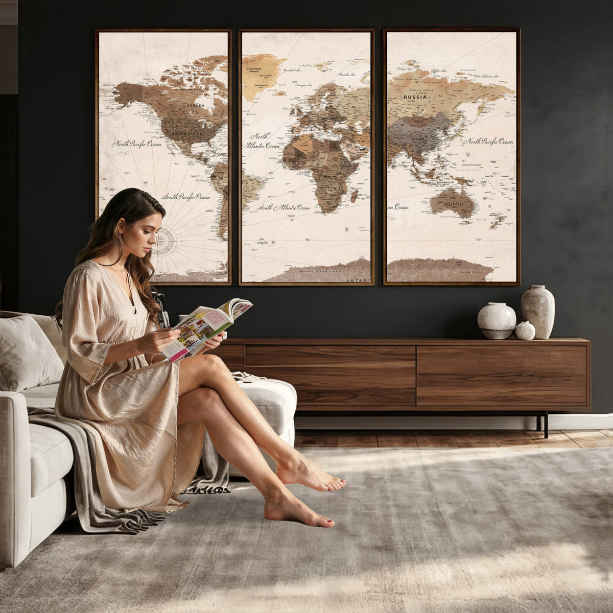 69860078-MGV-CV-36X24 - World Map Wall Art Canvas Print, Modern Decorative Framed Map Artwork Prints for Living Room, Office, Bedroom Wall Decor