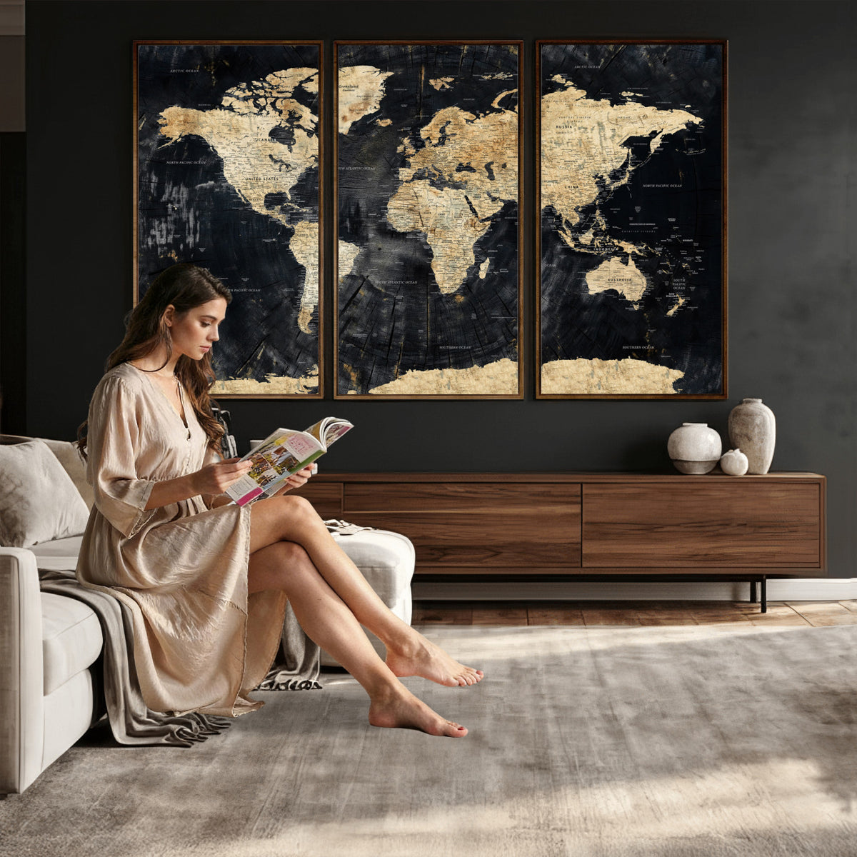 45535041-MGV-CV-36X24 - Framed Large World Map Wall Art Canvas Print for Living Room