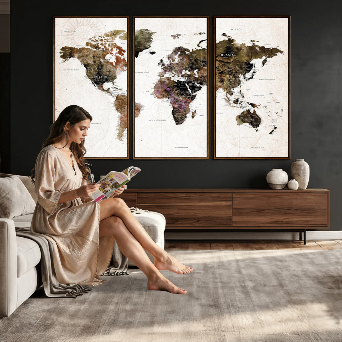 77651968-MGV-CV-36X24 - Watercolor World Map Print - Large Wall Art Canvas Print for
