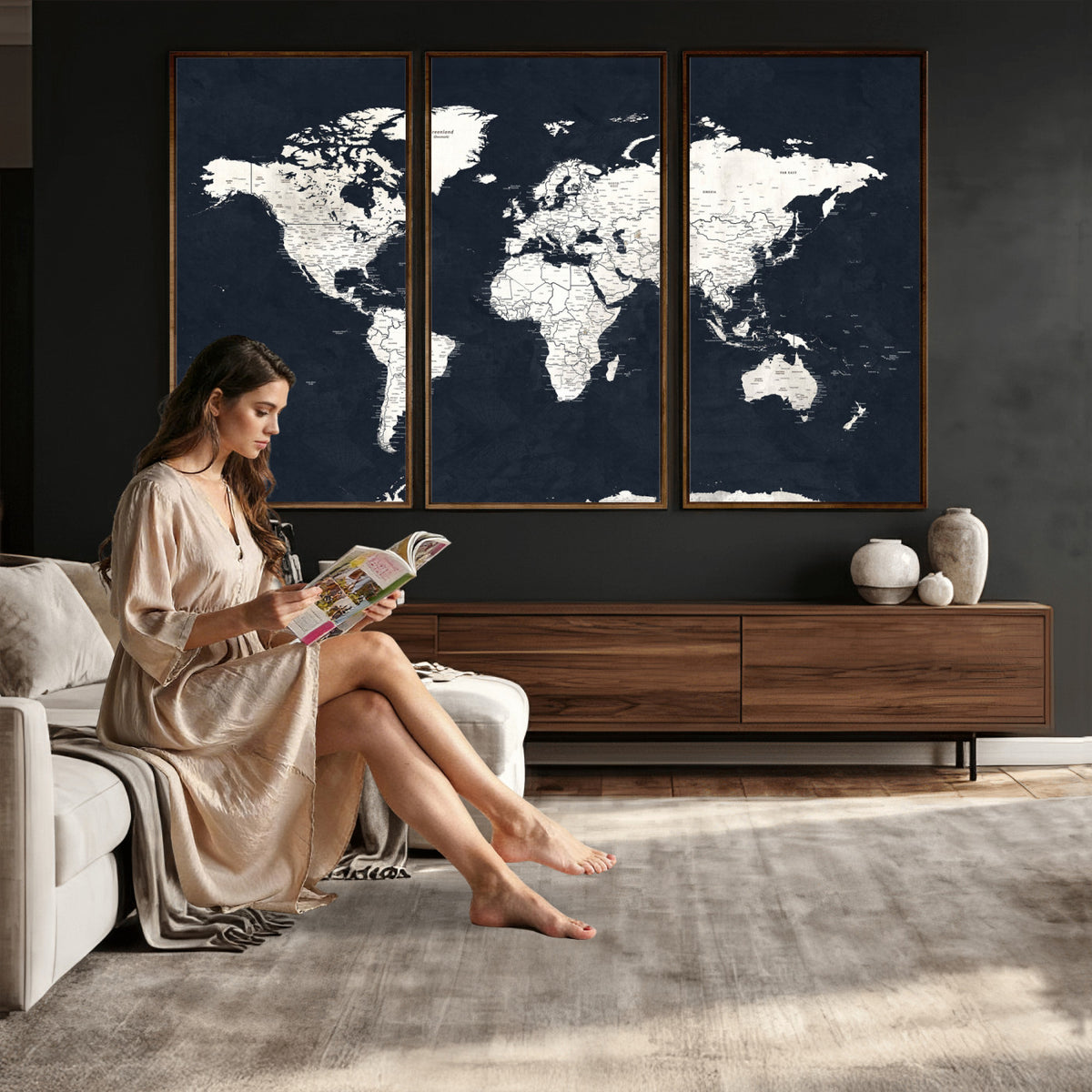 11963807-MGV-CV-36X24 - Black World Map Wall Art Canvas Print for Home Office and Meeting Room Decor