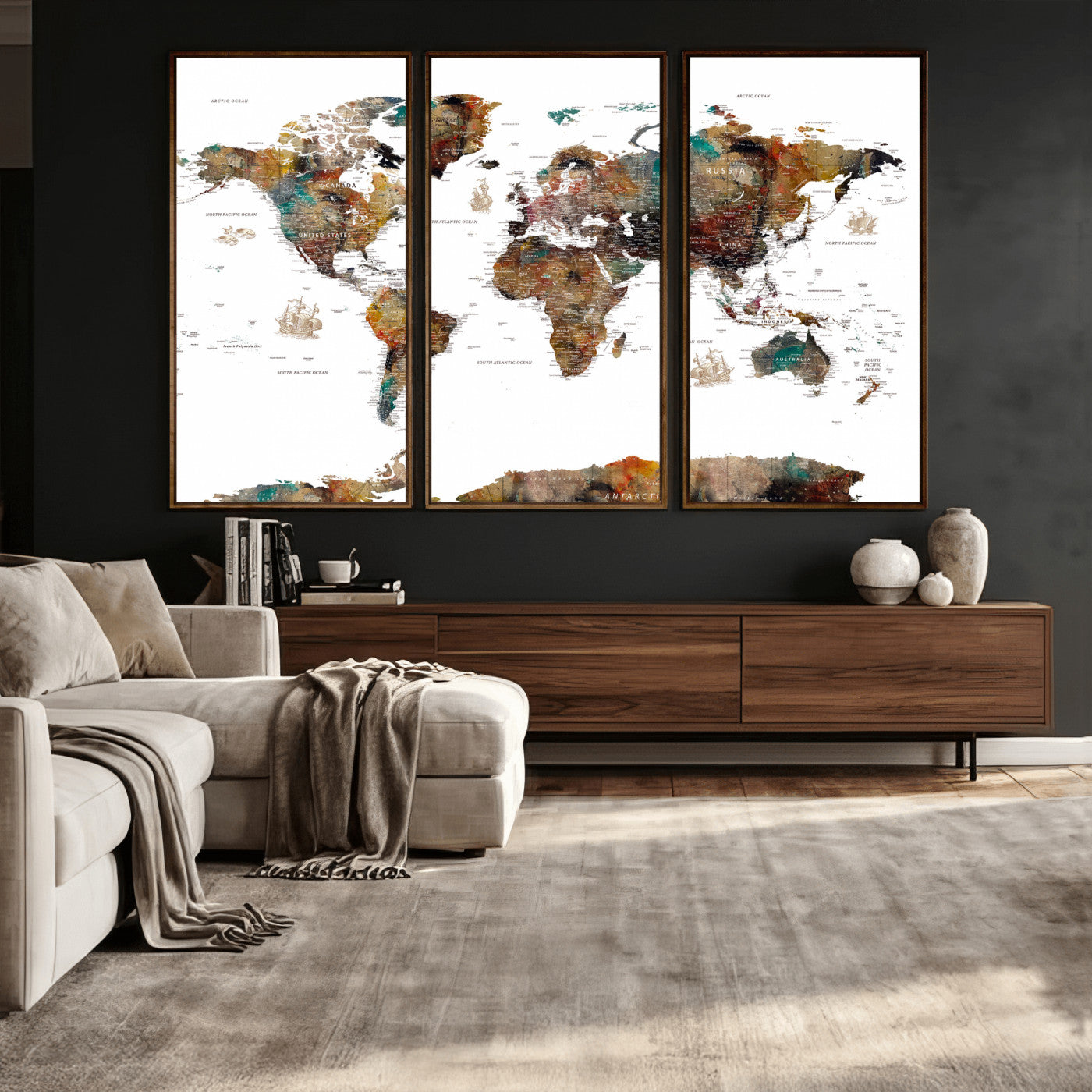 82293175-MGV-CV-36X24 - World Map Wall Art Canvas Print, Modern Decorative Framed Map Artwork Prints for Living Room, Office, Bedroom Wall Decor