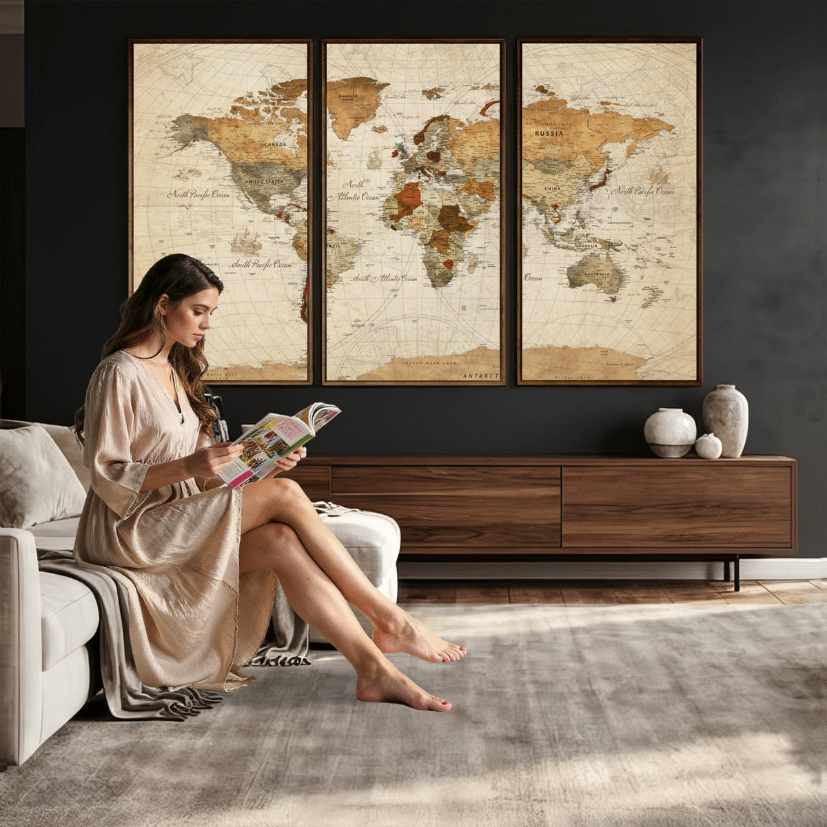 29684537-MGV-CV-36X24 - Vintage World Map Canvas Print, Framed Rustic Detailed Map of the World, Explorer Decor