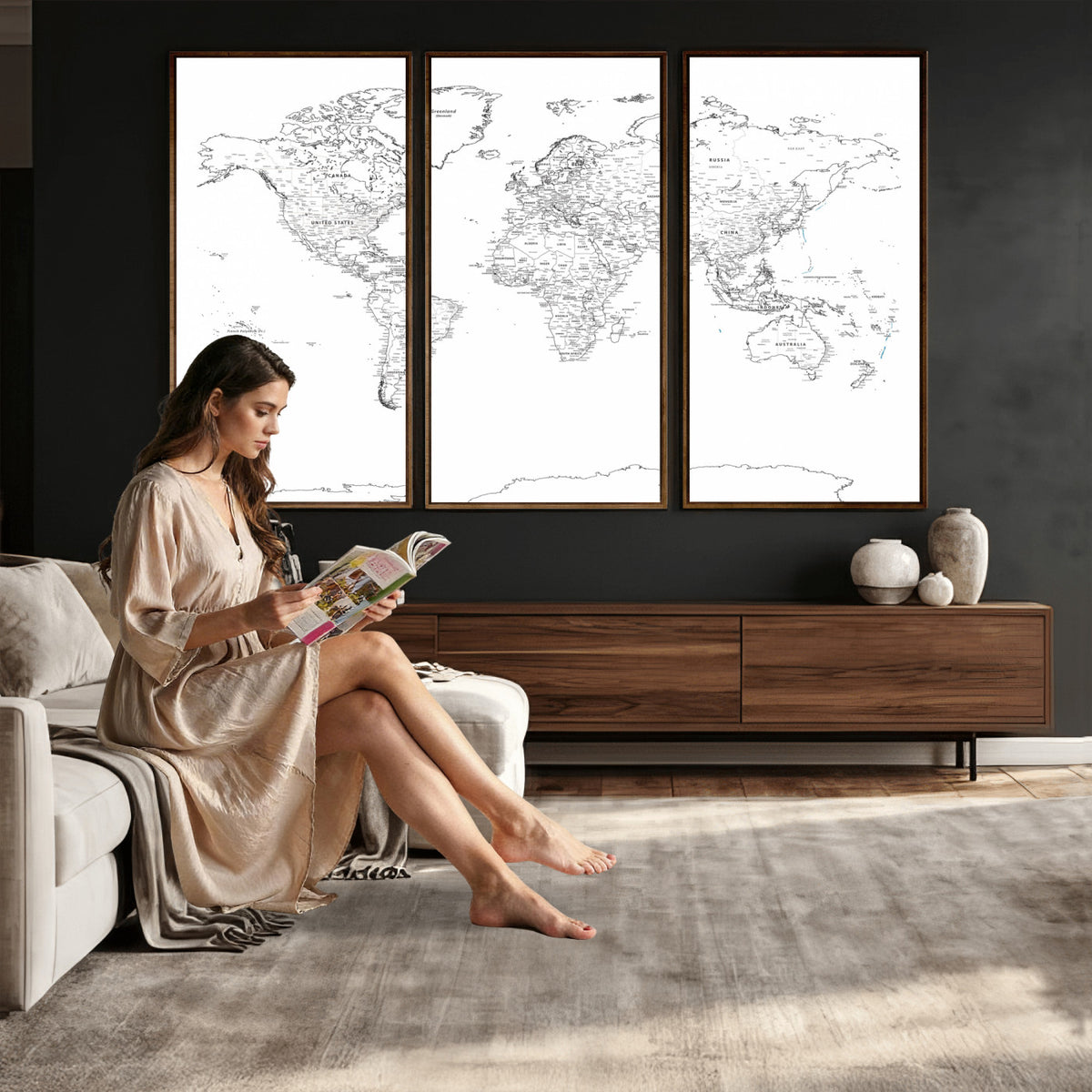 21002736-MGV-CV-36X24 - World Map Canvas Print, Framed Modern Detailed Map of the World for Home or Office