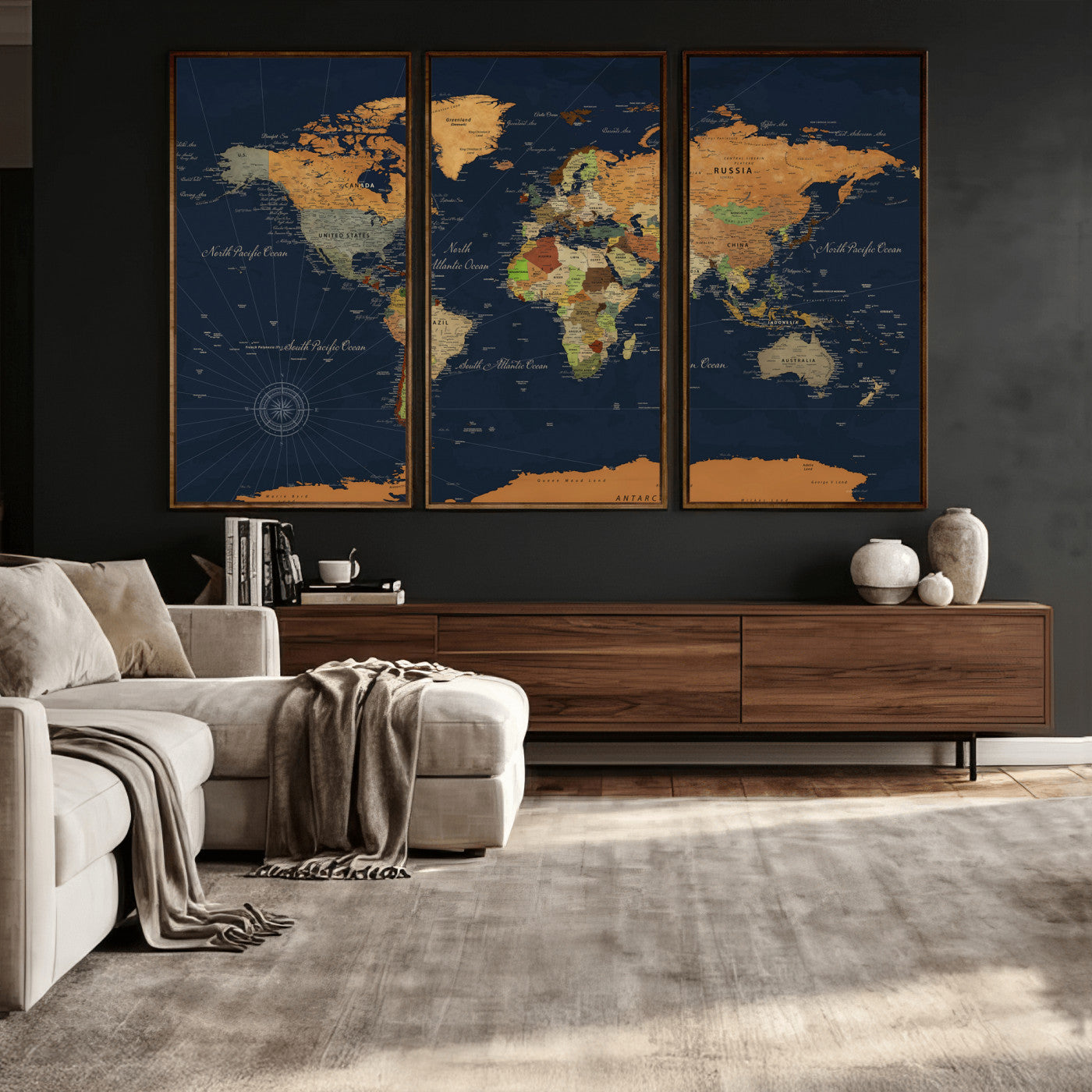 11715182-MGV-CV-36X24 - World Map Wall Art Canvas Print, Modern Decorative Framed Map Artwork Prints for Living Room, Office, Bedroom Wall Decor