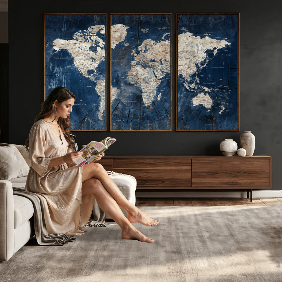56126010-MGV-CV-36X24 - Large Blue World Map Wall Art Canvas Print for Home Office