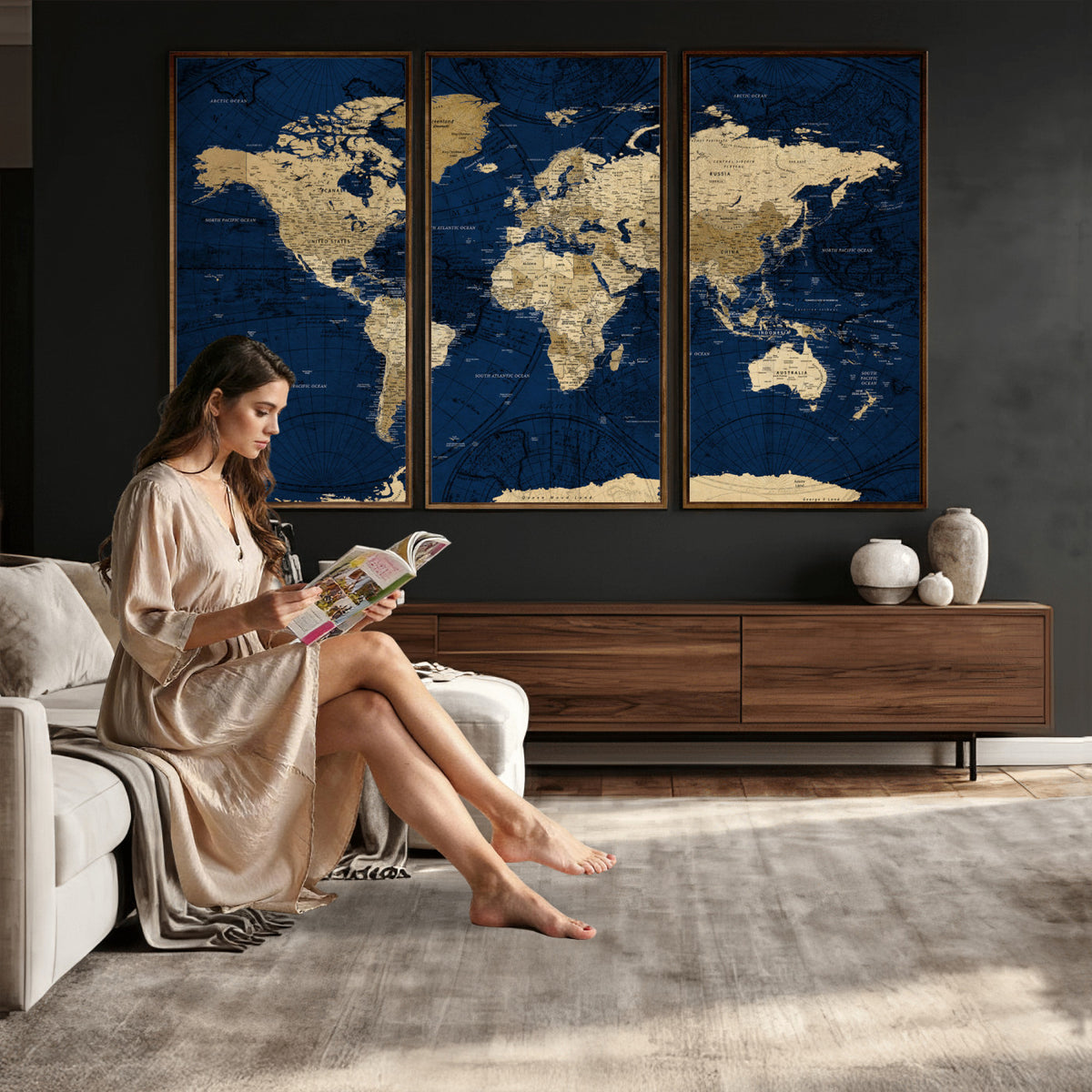 54770746-MGV-CV-36X24 - Navy Blue World Map Canvas Print – Detailed Map Minimal Navy