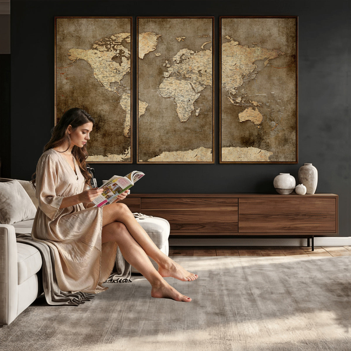 35847542-MGV-CV-36X24 - Dark Vintage World Map Canvas Wall Art Print, Antique Map