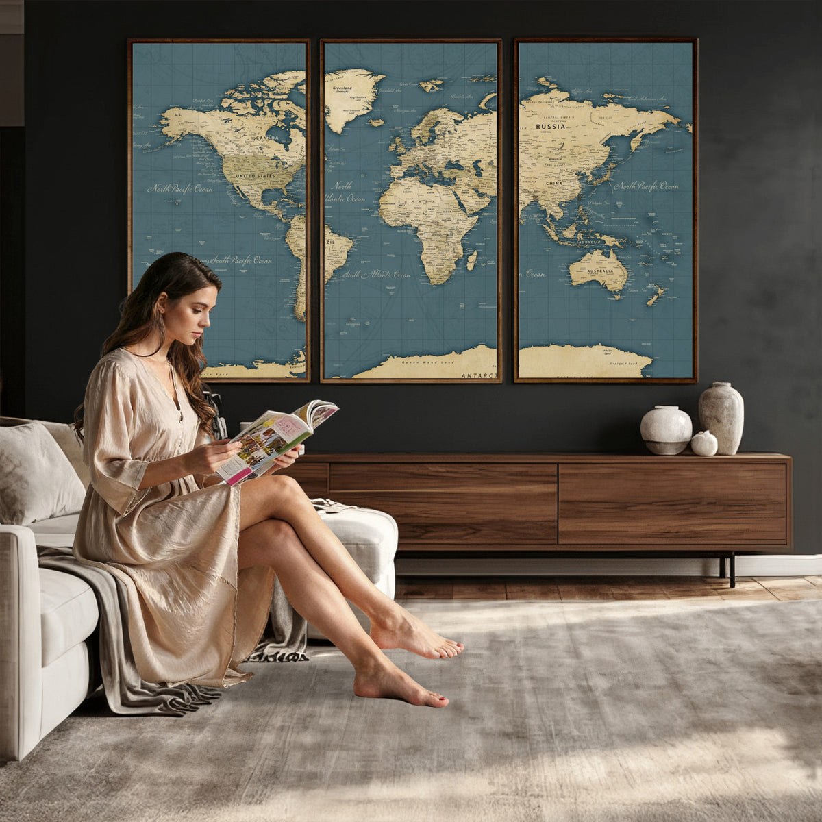 99599383-MGV-CV-36X24 - Minimal Vintage World Map Canvas Wall Art Print, Neutral