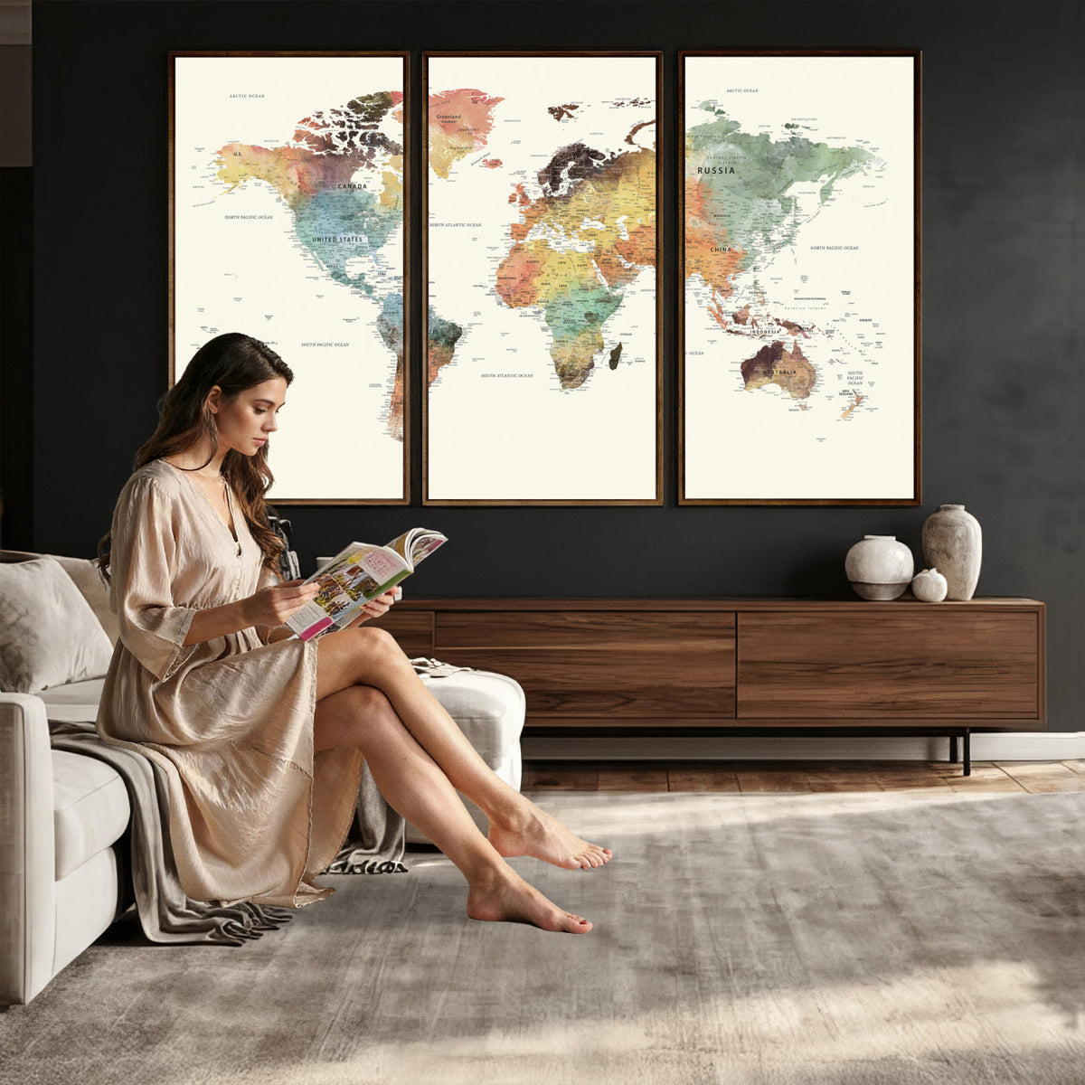 64206059-MGV-CV-36X24 - Framed World Map Wall Art Canvas Print for Living Room and Study Room