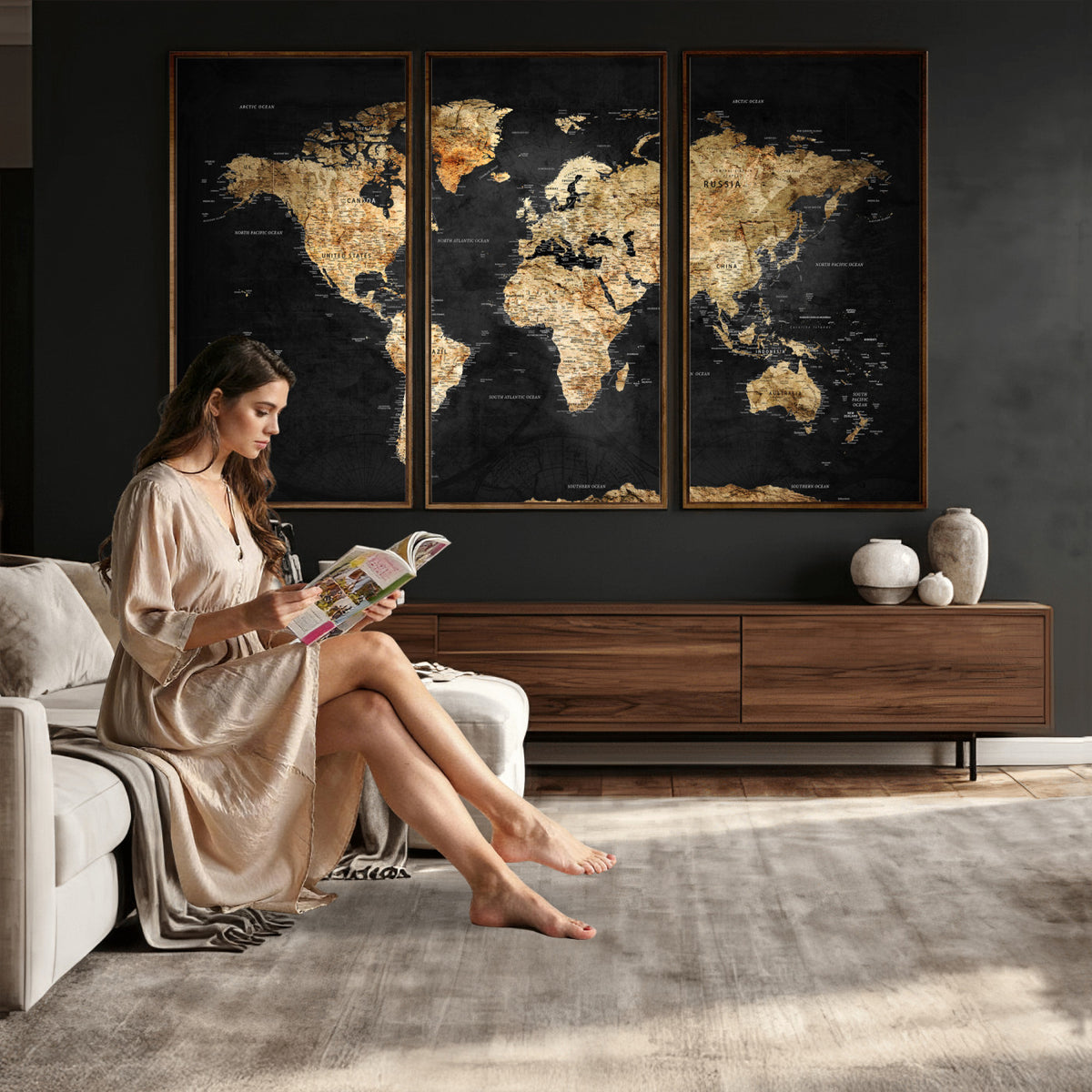 23568589-MGV-CV-36X24 - World Map Wall Art Canvas Print, Modern Decorative Framed Map Artwork Prints for Living Room, Office, Bedroom Wall Decor