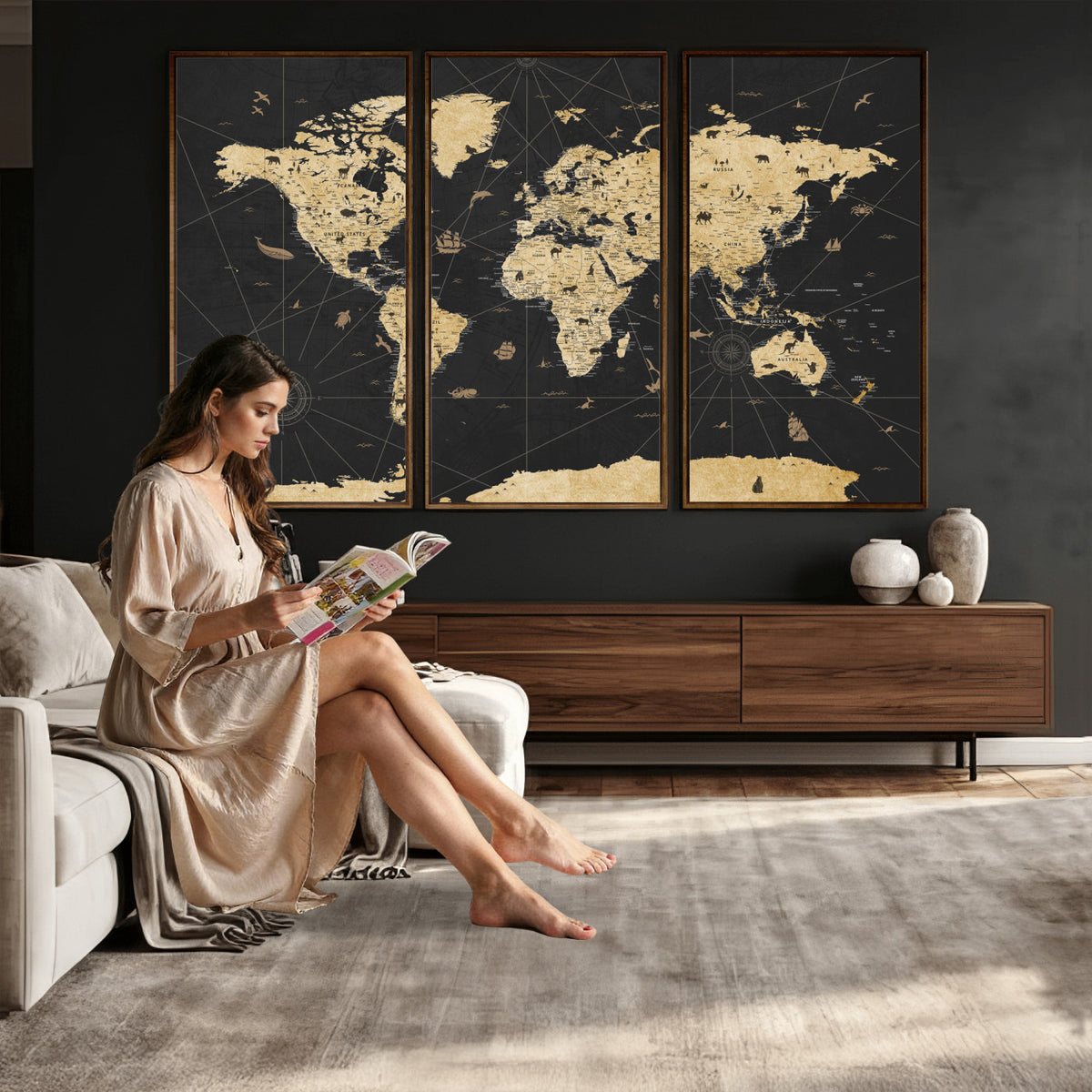 80270976-MGV-CV-36X24 - World Map Wall Art Canvas Print, Modern Decorative Framed Map Artwork Prints for Living Room, Office, Bedroom Wall Decor