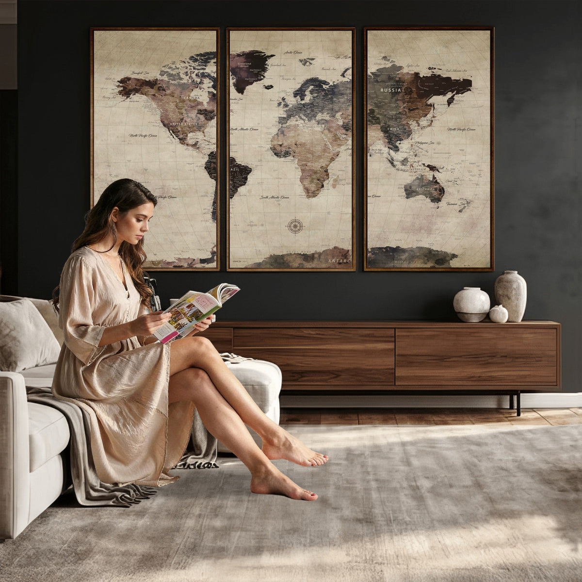 60560672-MGV-CV-36X24 - World Map Wall Art Canvas Print, Modern Decorative Framed Map Artwork Prints for Living Room, Office, Bedroom Wall Decor