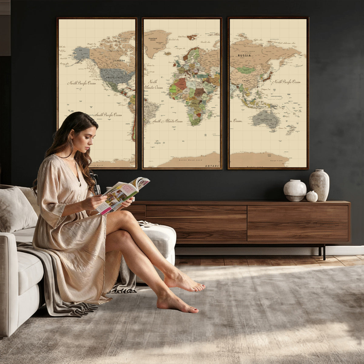 31407854-MGV-CV-36X24 - World Map Wall Art Canvas Print, Modern Decorative Framed Map Artwork Prints for Living Room, Office, Bedroom Wall Decor