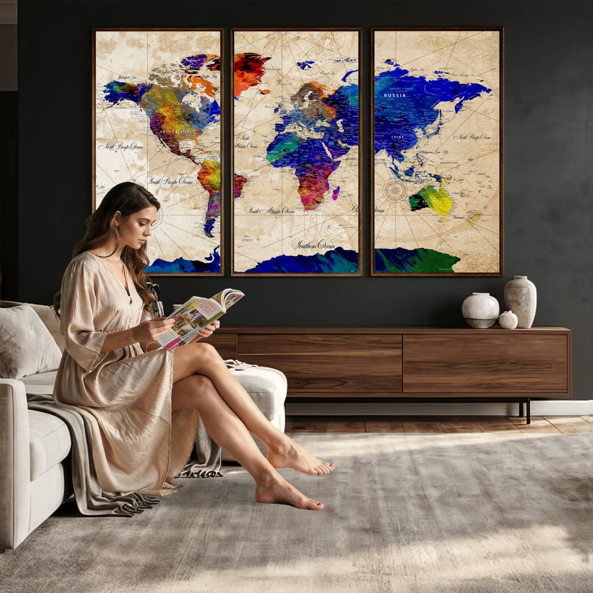 26284075-MGV-CV-36X24 - World Map Wall Art Canvas Print, Modern Decorative Framed Map Artwork Prints for Living Room, Office, Bedroom Wall Decor