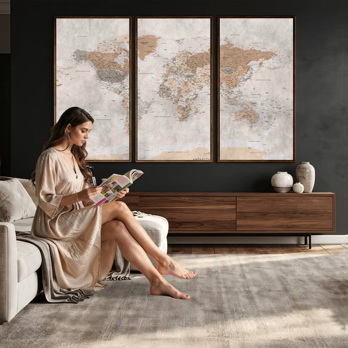 34051638-MGV-CV-36X24 - Detailed World Map Wall Art Canvas Print for Home and Office Decor
