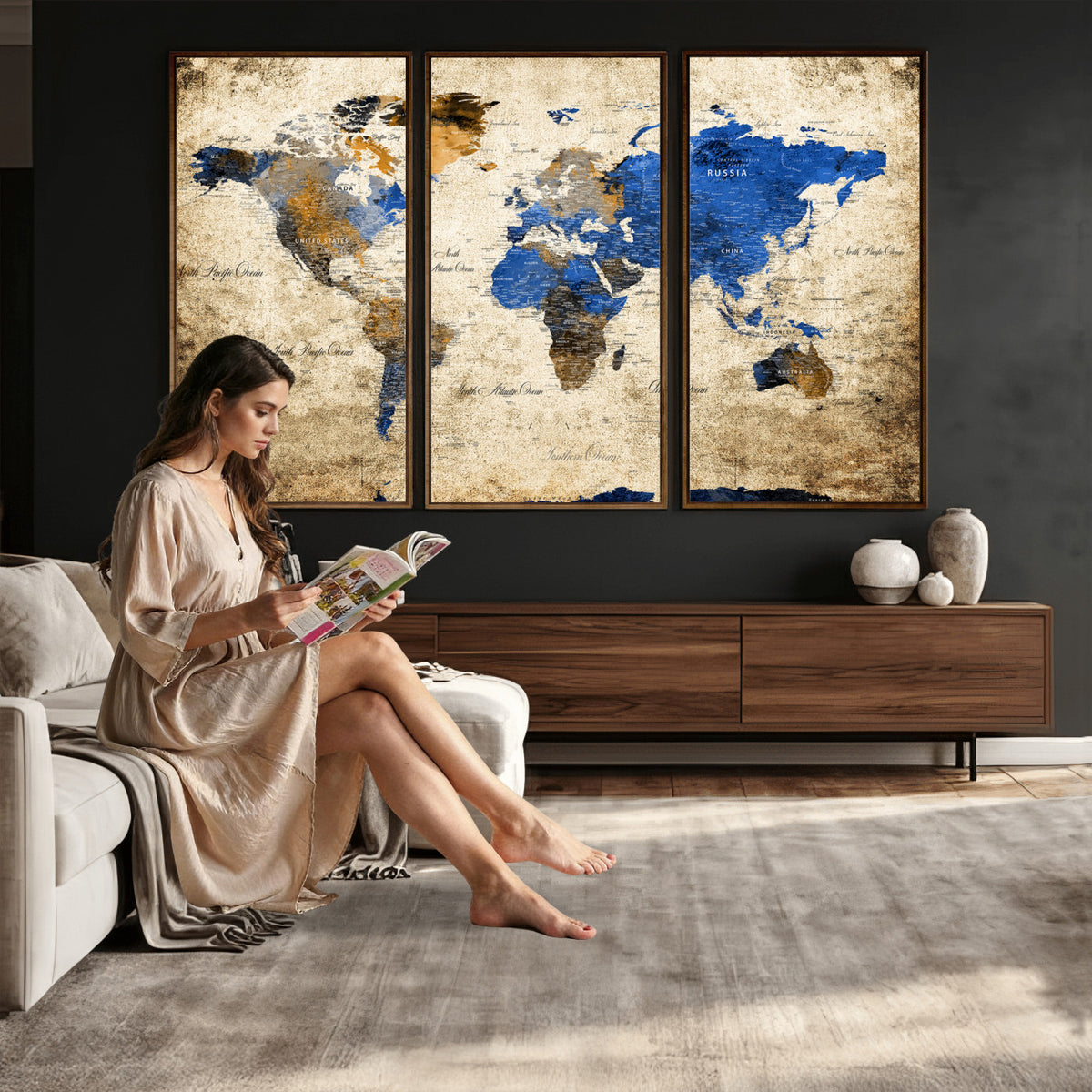 27314341-MGV-CV-36X24 - World Map Wall Art Canvas Print, Modern Decorative Framed Map Artwork Prints for Living Room, Office, Bedroom Wall Decor