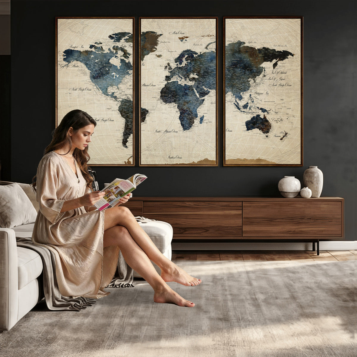 72927803-MGV-CV-36X24 - World Map Wall Art Canvas Print, Modern Decorative Framed Map Artwork Prints for Living Room, Office, Bedroom Wall Decor