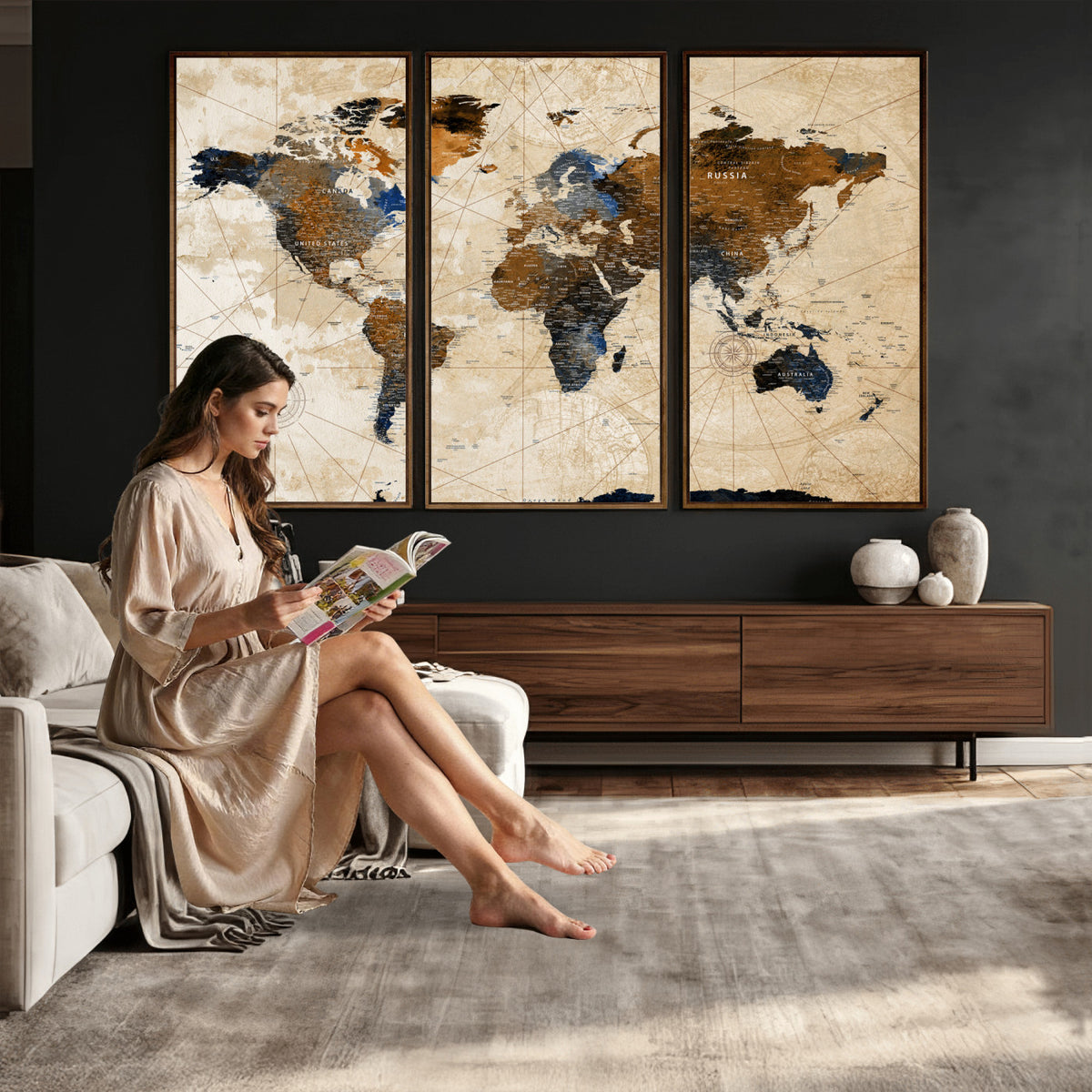 15727090-MGV-CV-36X24 - World Map Wall Art Canvas Print, Modern Decorative Framed Map Artwork Prints for Living Room, Office, Bedroom Wall Decor