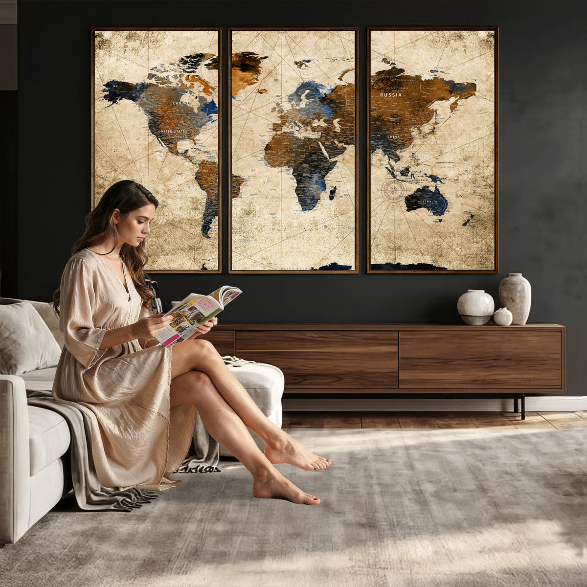 27163414-MGV-CV-36X24 - World Map Wall Art – Rustic Earth Tone Canvas Print, Antique