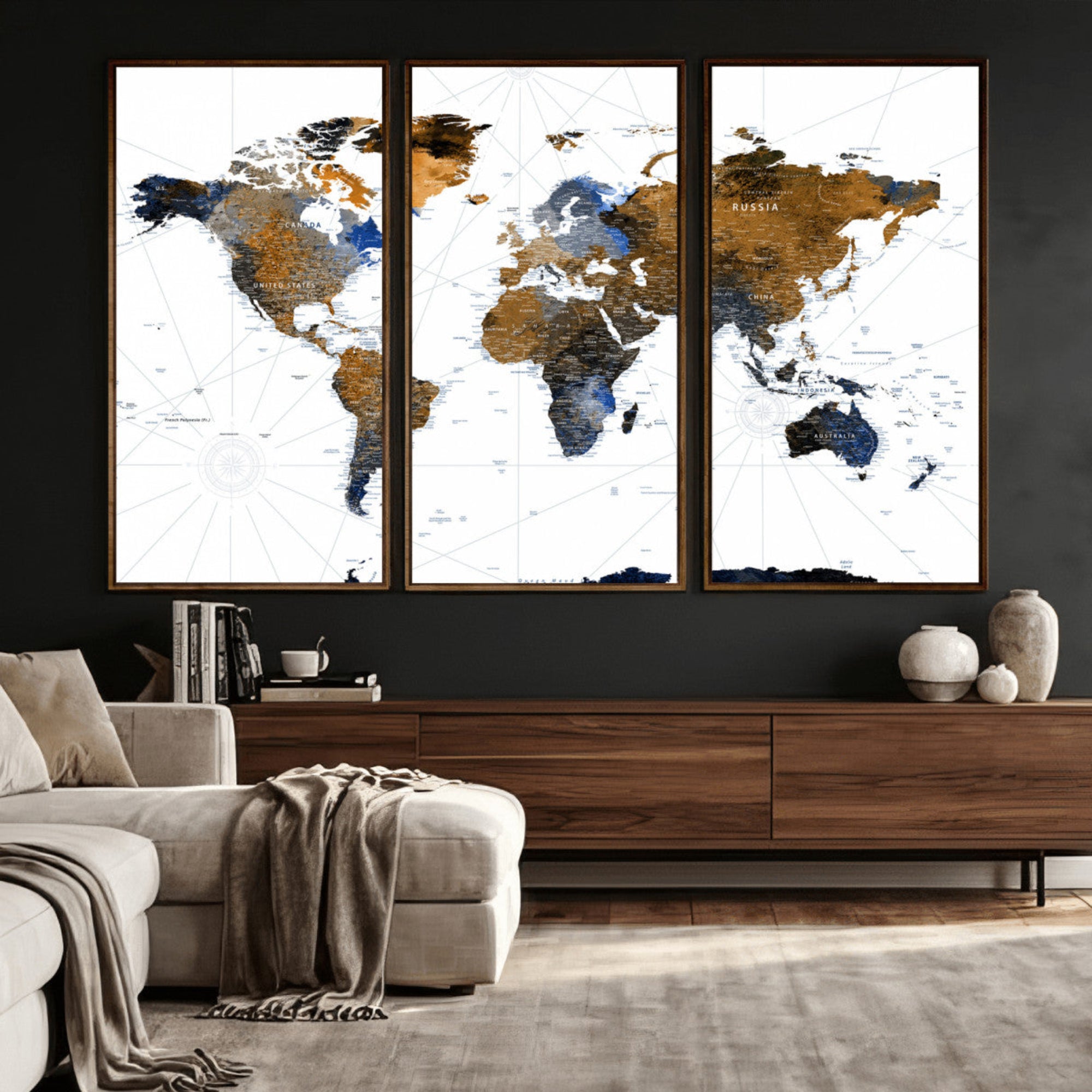 56364879-MGV-CV-36X24 - World Map Wall Art Canvas Print, Modern Decorative Framed Map Artwork Prints for Living Room Decor