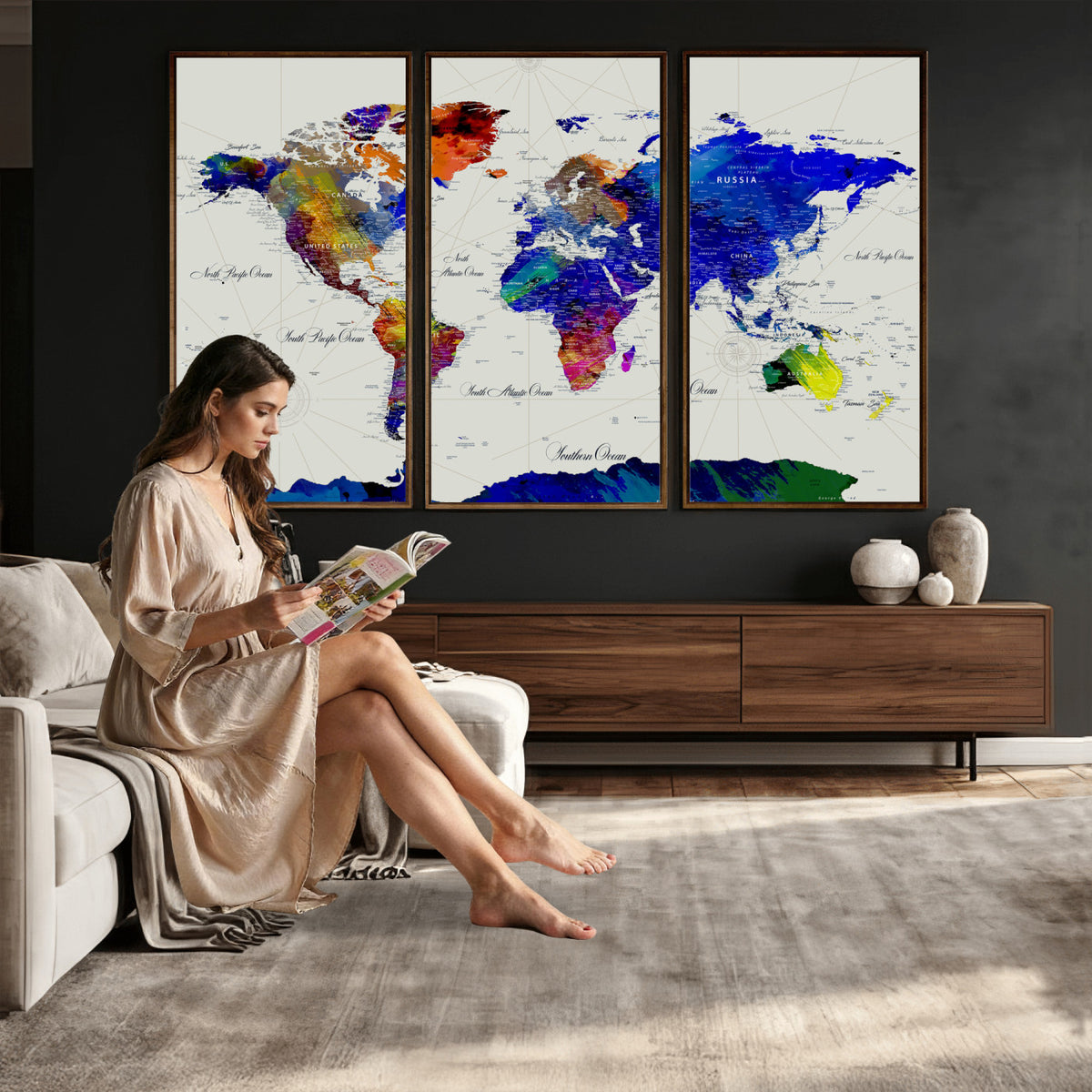 49670038-MGV-CV-36X24 - World Map Wall Art Canvas Print, Modern Decorative Framed Map Artwork Prints for Living Room, Office, Bedroom Wall Decor