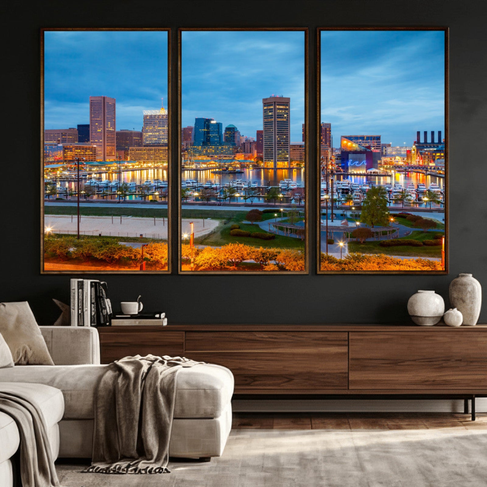 78635089-MGV-CV-36X24 - Baltimore Skyline Wall Art Canvas Print, Baltimore Downtown Night Cityscape Print for Modern Urban Wall Decor