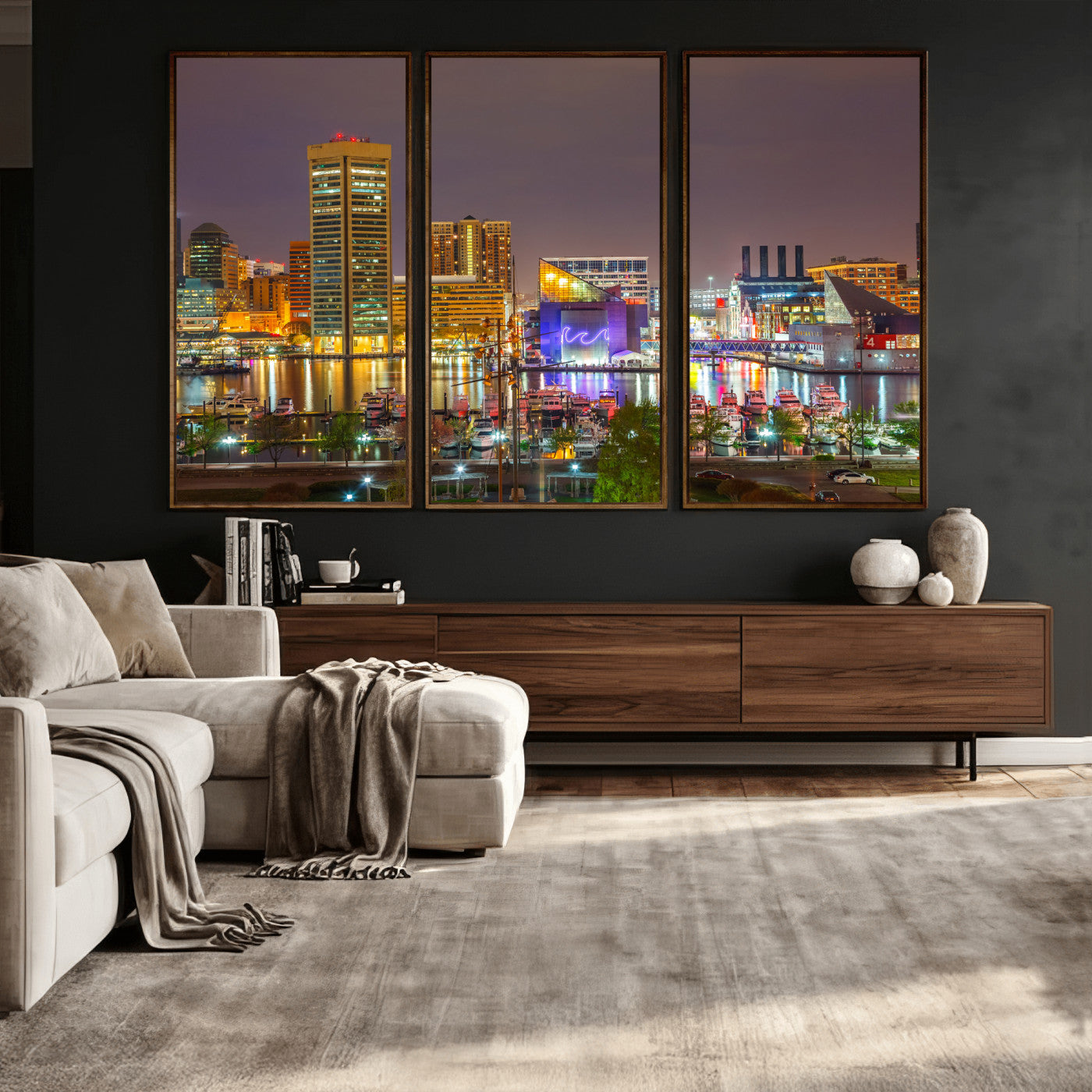 42654823-MGV-CV-36X24 - Baltimore Skyline Wall Art Canvas Print, Baltimore Downtown Night Cityscape Print for Modern Urban Wall Decor