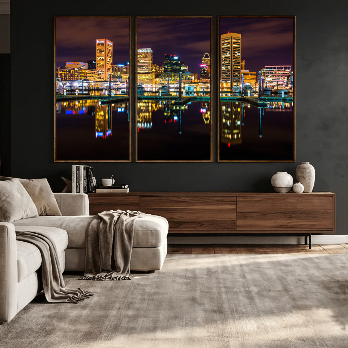 38201692-MGV-CV-36X24 - Baltimore Skyline Wall Art Canvas Print, Baltimore Downtown Night Cityscape Print for Modern Urban Wall Decor
